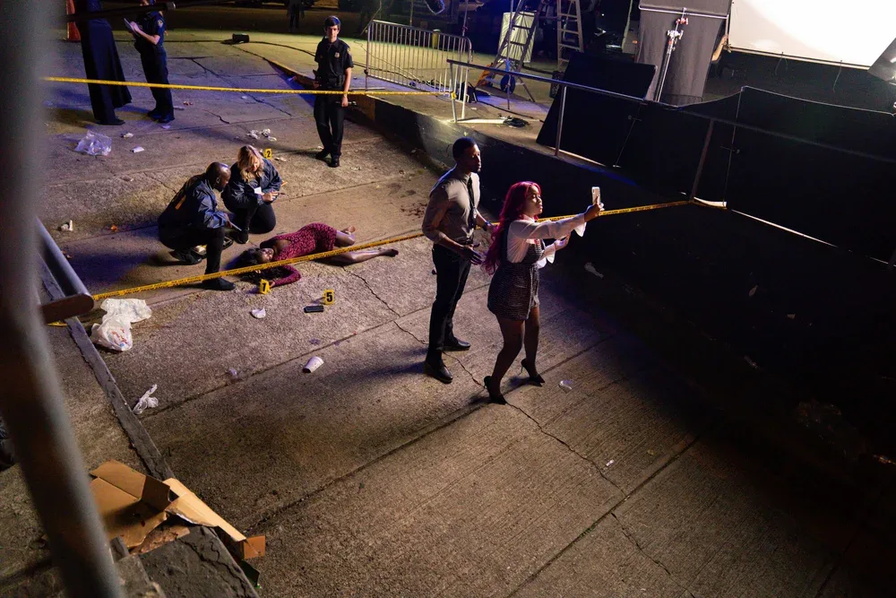 Overhead of the night crime-scene set