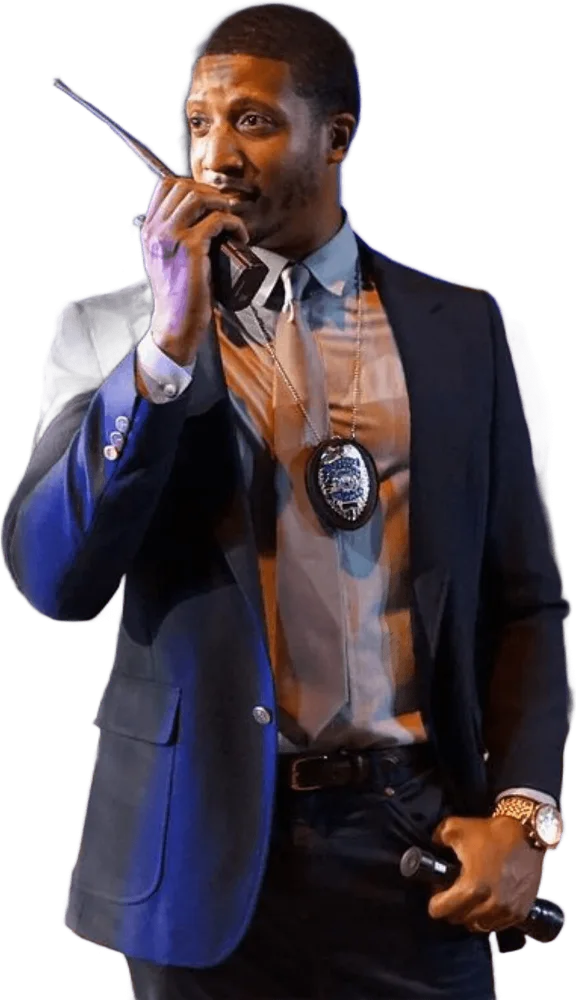 Jae as a detective, badge on his belt, on a phone