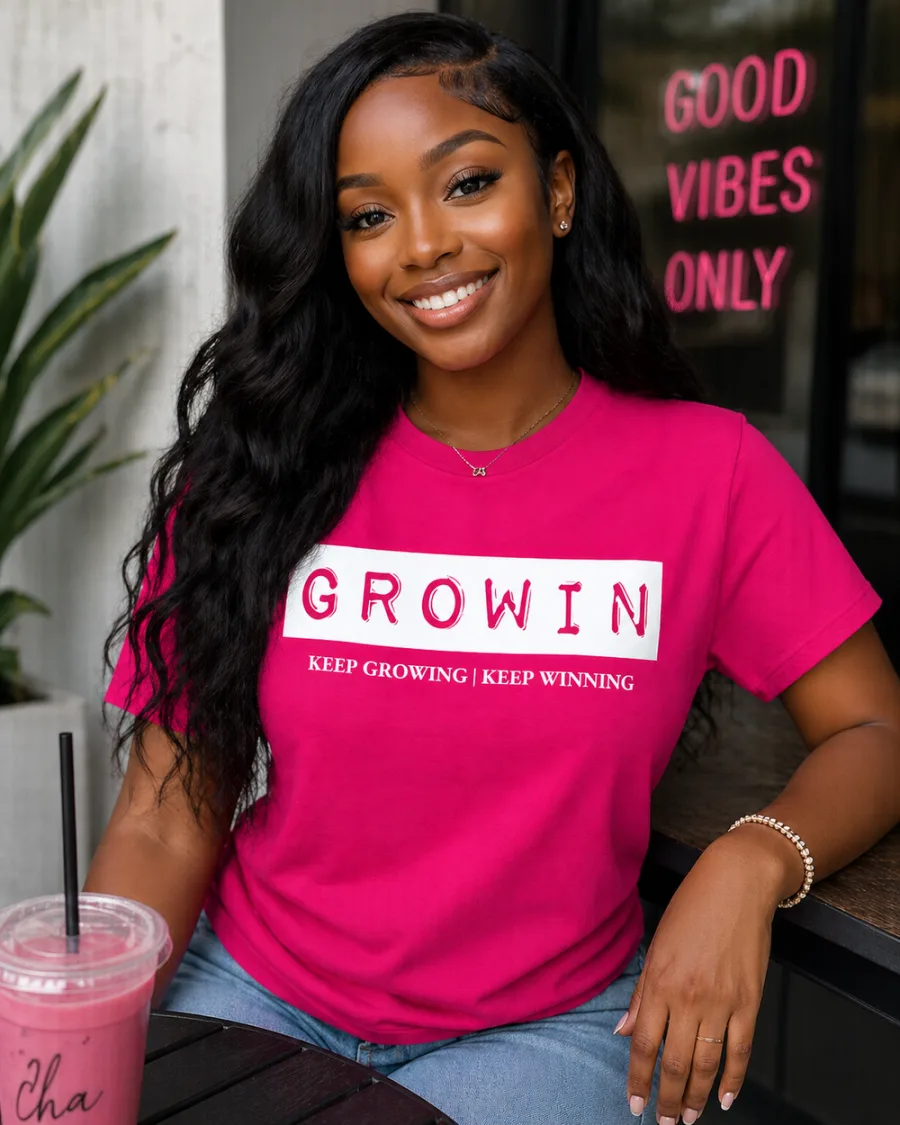 The original pink GROWIN shirt, worn