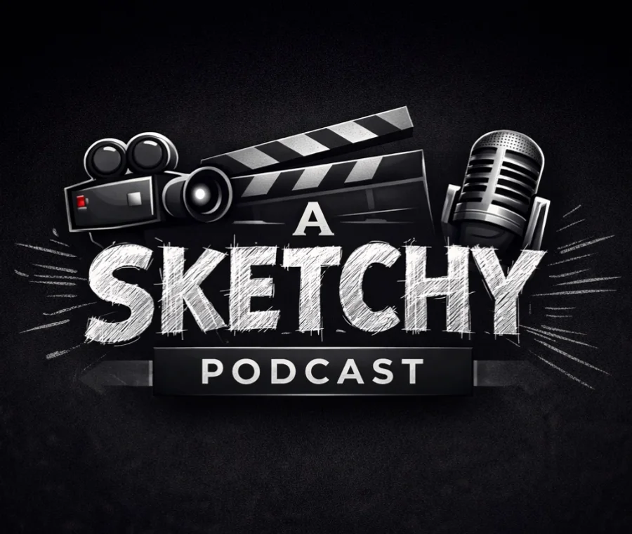 A Sketchy Podcast — a camera, a clapperboard and a microphone above the scrawled title